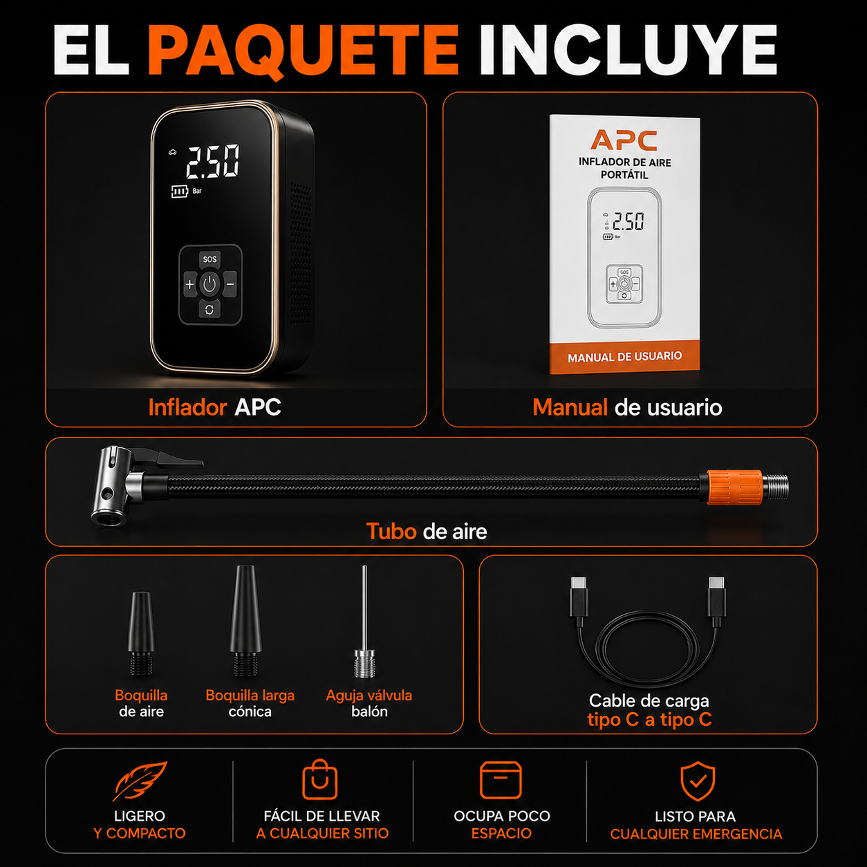 Inflador Portatil APC + linterna LED multifunción