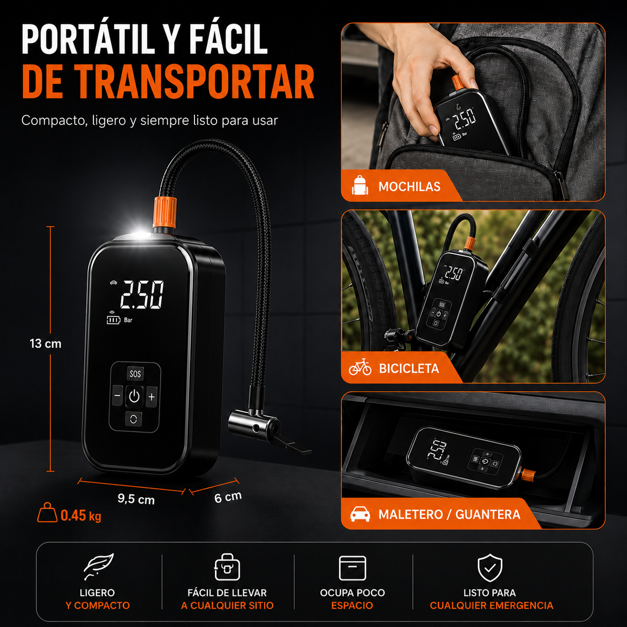 Inflador Portatil APC + linterna LED multifunción